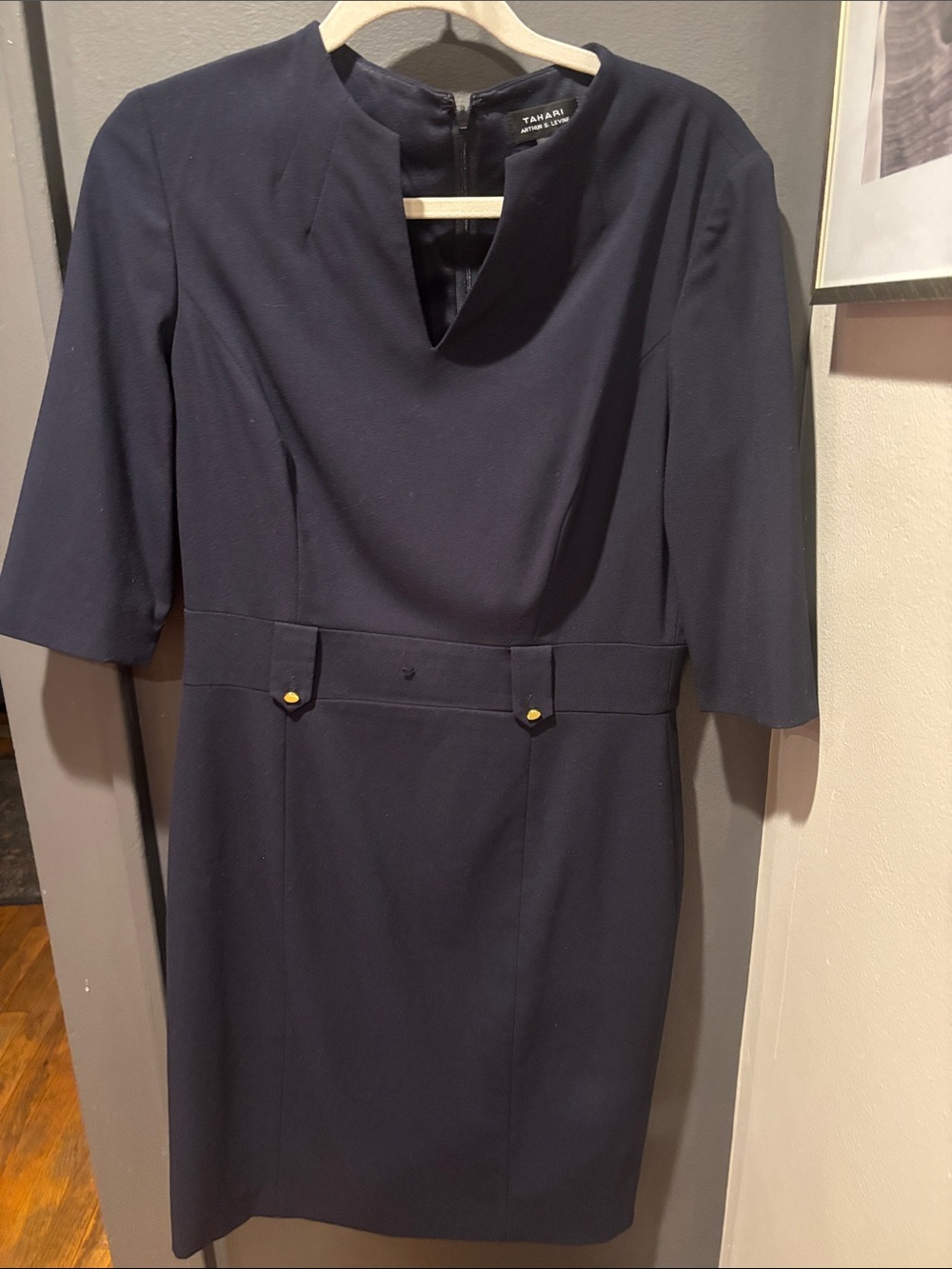 Tahari Navy Midi Sheath Dress with Notch Neckline